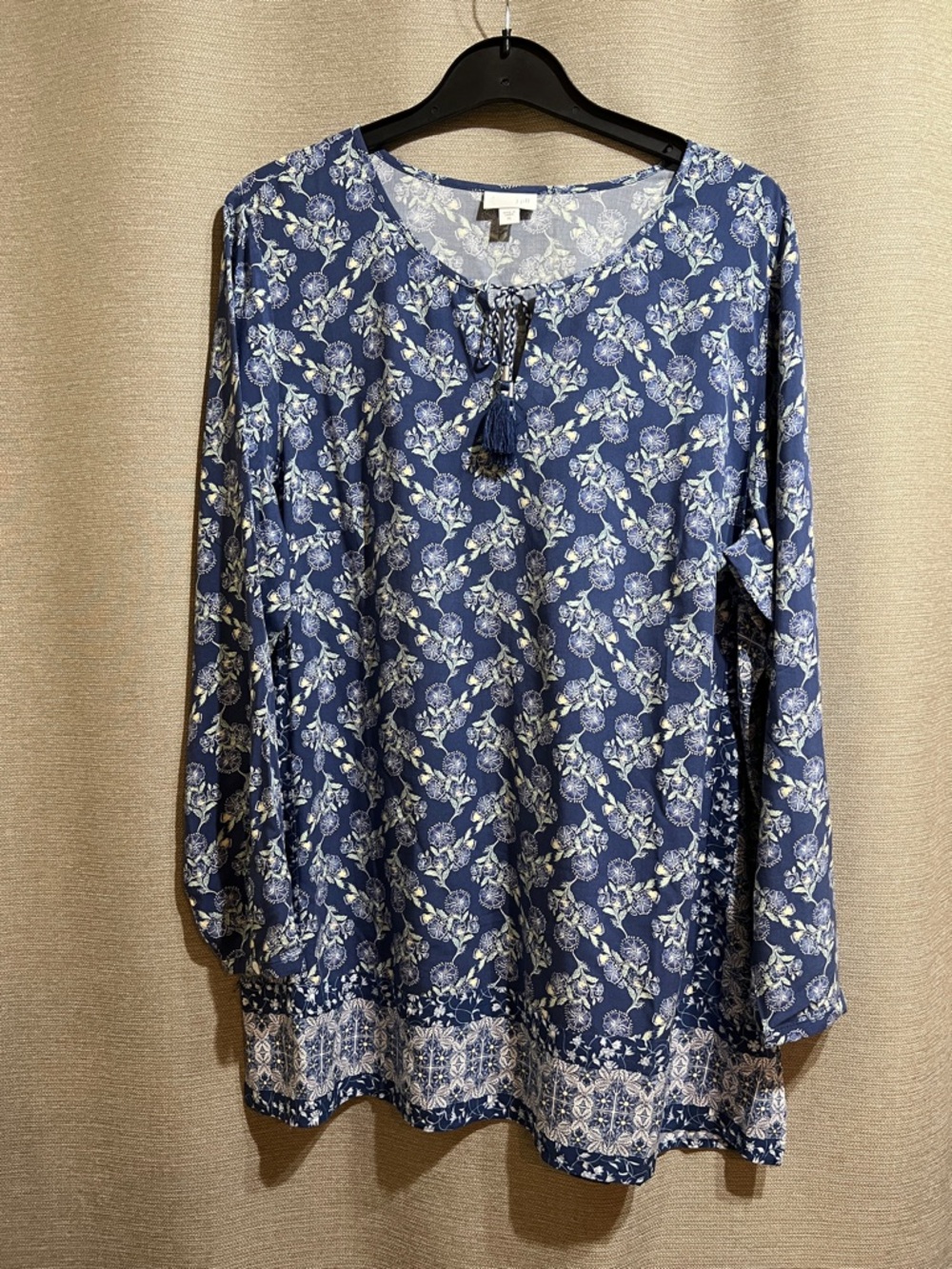 J. Jill Blue Floral Tassel Boho Tunic Top - Size XL - 100% Rayon Peasant